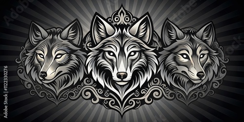 A Stylized Emblem Featuring a Trio of Wolf Heads in an Artistic Design with Bold Lines and Intricate Details, Perfect for Logos and Branding Purposes photo