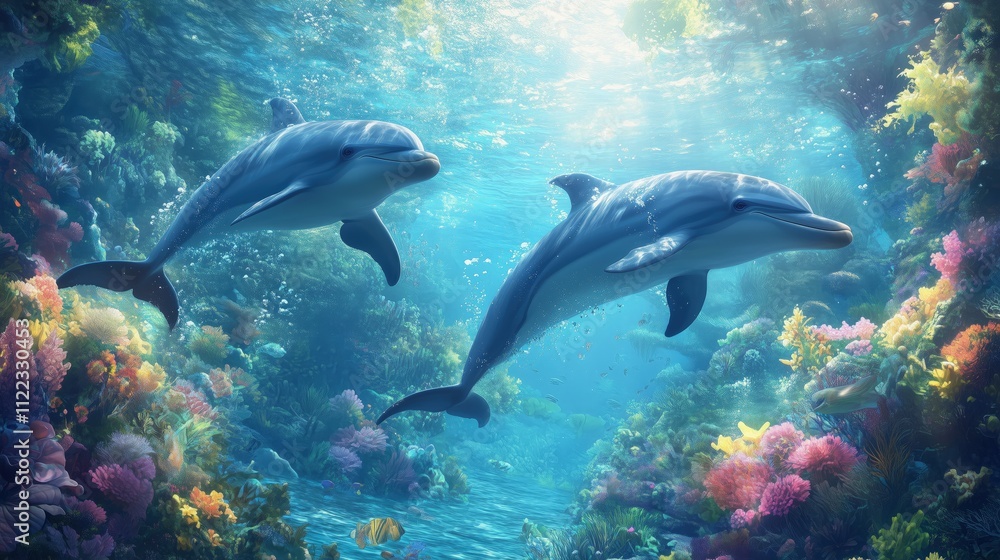 Fototapeta premium Two dolphins swimming gracefully in vibrant coral reef.