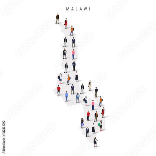 Malawi population map. Large group of realistic a diverse crowd of people figures in a shape of Malawian map. Flat vector illustration isolated on white.