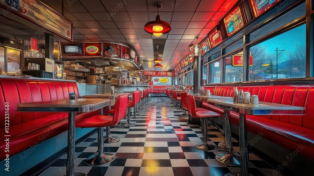Fototapeta premium Retro diner, red booths, checkered floor.