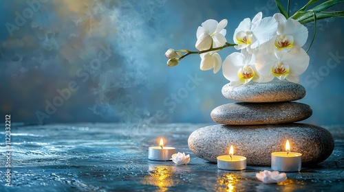 A zen-inspired space featuring a vase of orchids and soft candlelight Stock Photo with side copy space photo