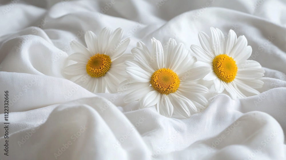 Obraz premium A tranquil arrangement of daisy petals forming a pattern on a soft cotton sheet Stock Photo with side copy space