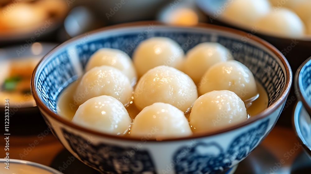 Close-up of eight smooth, white dumplings in a decorative bowl, simmering in clear broth. Close-up of eight smooth, white dumplings in a decorative bowl, simmering in clear broth.