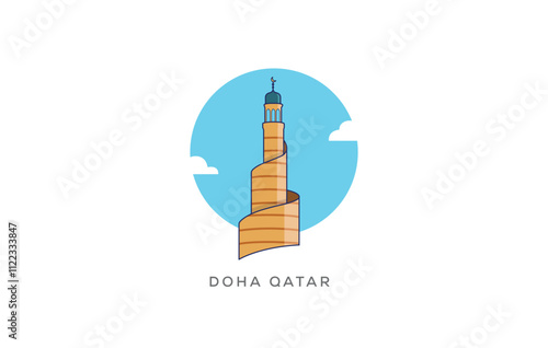 Spiral Minaret of Fanar Mosque in Islamic Center, Doha Qatar | Landmark Vector Illustration