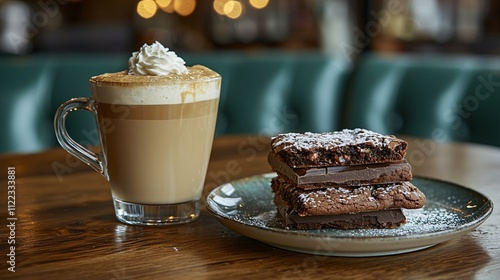 A decadent view of a stack of gooey double chocolate cookies next to a creamy latte Stock Photo with side copy space photo