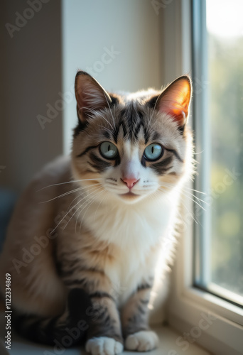 Wallpaper Mural Fluffy cat with blue eyes sitting by sunny window Torontodigital.ca