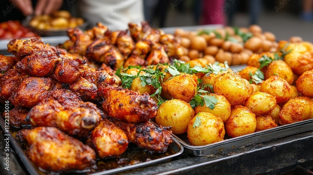 A vibrant street food display featuring grilled chicken, spiced potatoes, and garnishes. A vibrant street food display featuring grilled chicken, spiced potatoes, and garnishes.