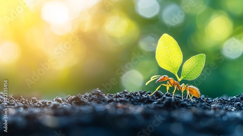 An ant carrying a leaf fragment on a tiny forest floor with its mandibles illuminated by sunlight Stock Photo with side copy space photo