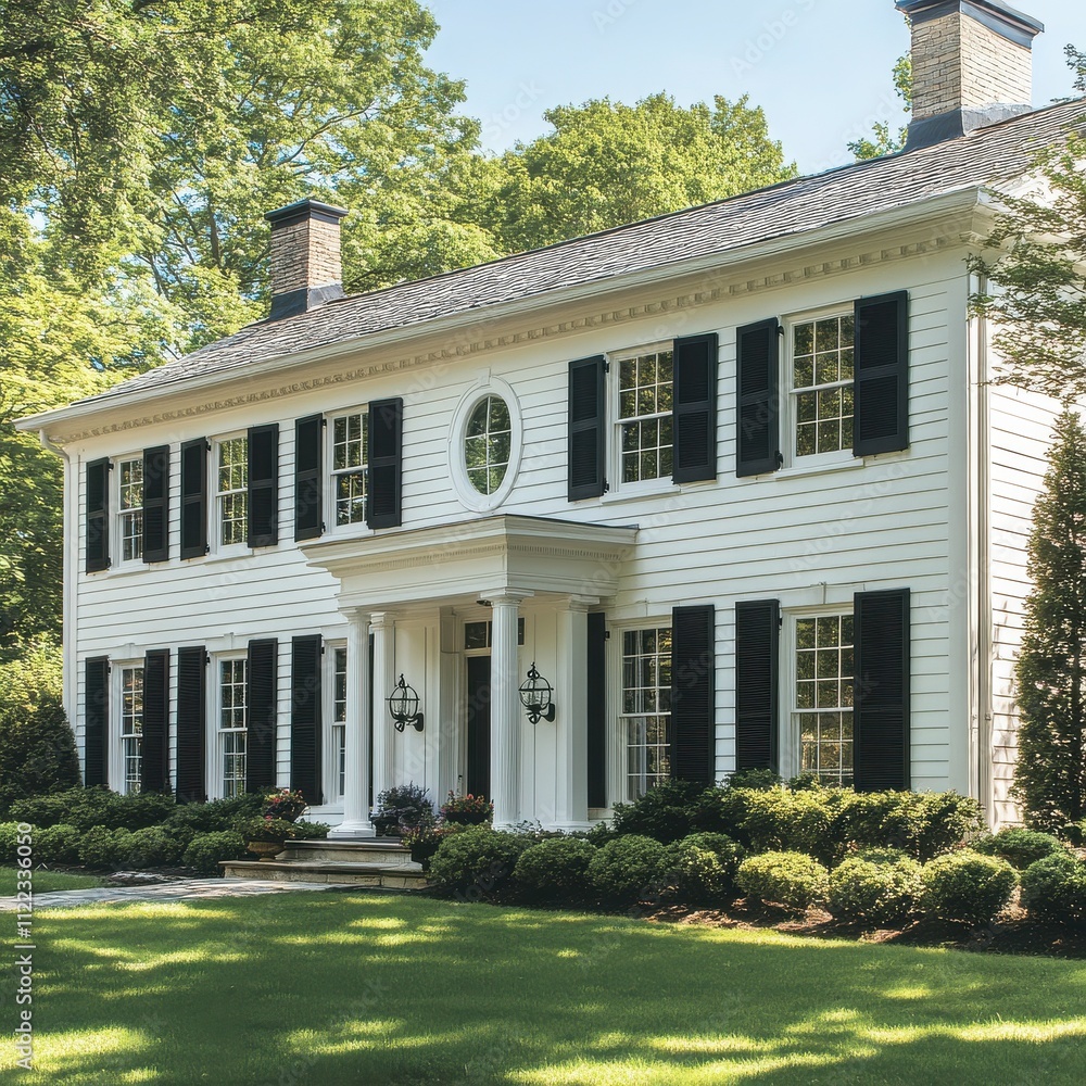 Obraz premium Classic Colonial Charm: A stately white colonial home with black shutters and a manicured lawn exudes timeless elegance.