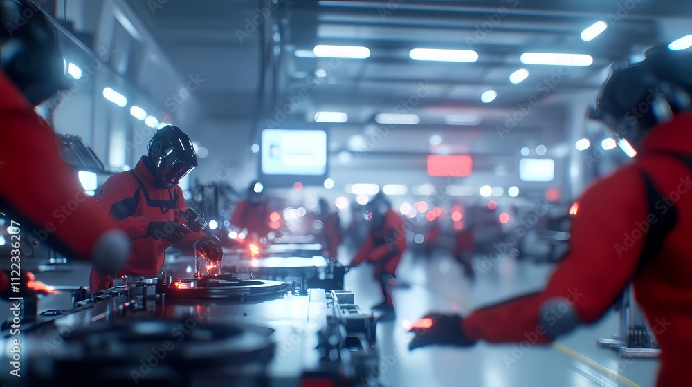 custom made wallpaper toronto digitalFuturistic factory workers in red suits operate advanced machinery.