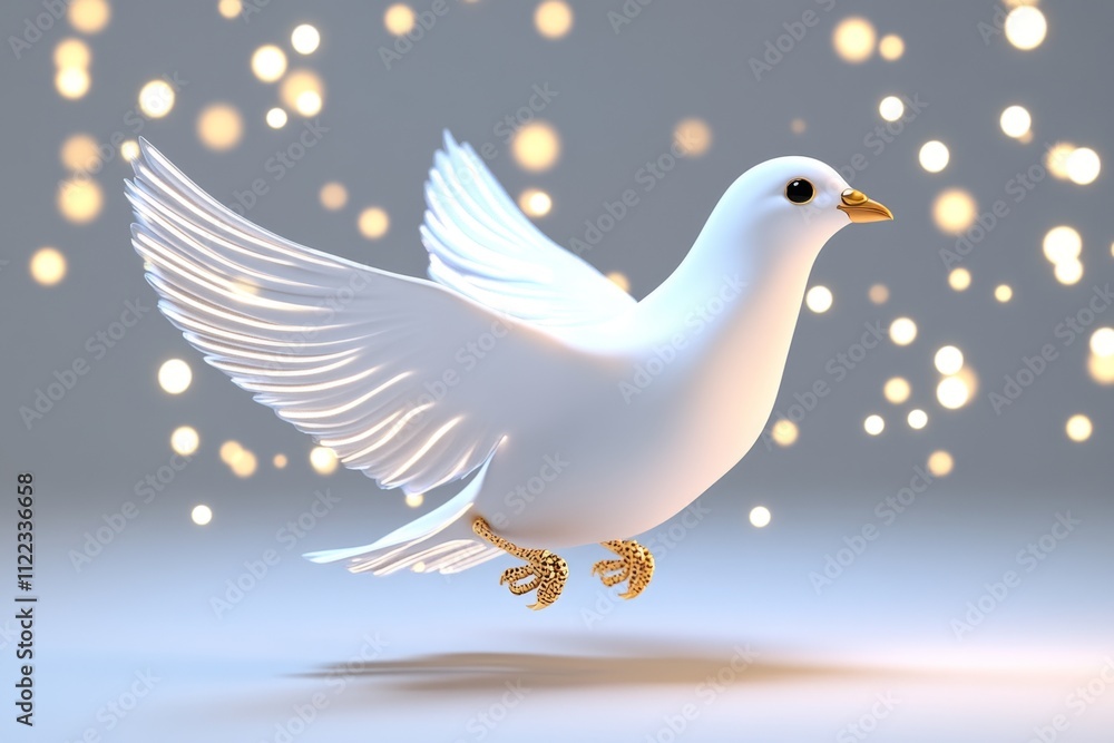 Fototapeta premium A 3D-rendered image of a dove in flight, with its wings creating soft trails of light as it soars through a peaceful sky