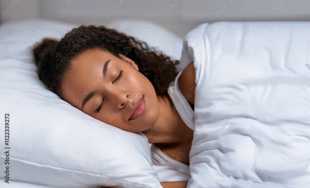 Beautiful young woman, happily asleep in a bed with clean white duvet and pillow. African-American woman enjoying peaceful, restful sleep. Beautiful young woman, happily asleep in a bed with clean white duvet and pillow. African-American woman enjoying peaceful, restful sleep.