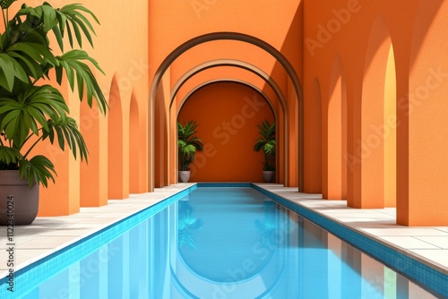 A flat design of the mosque arches reflected symmetrically in a pool of water, rendered in pastel tones photo