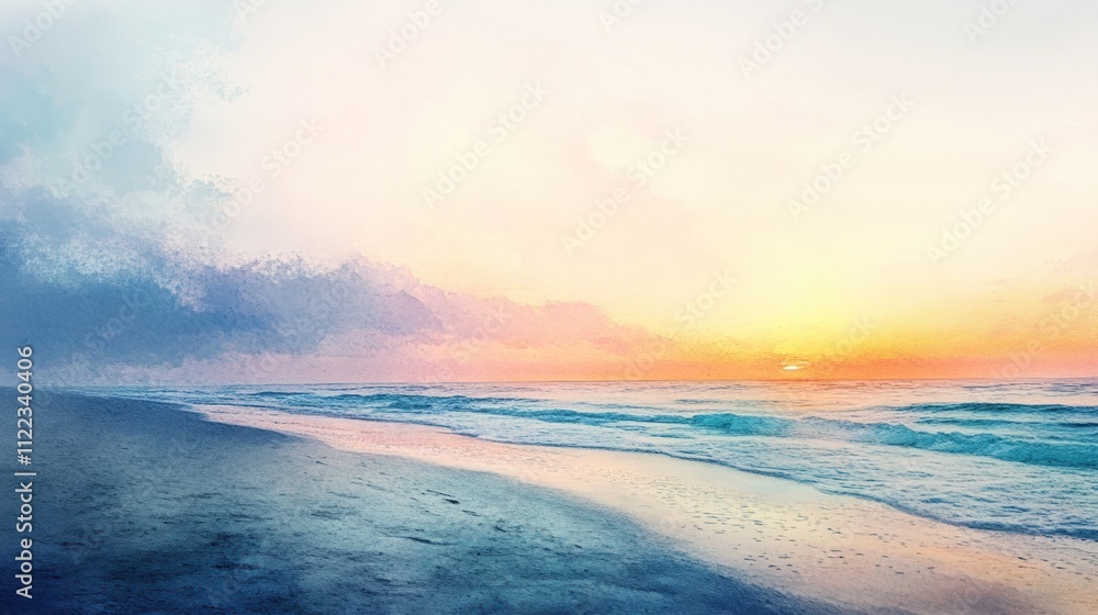 Obraz premium Serene sunset beach, ocean waves, pastel sky.