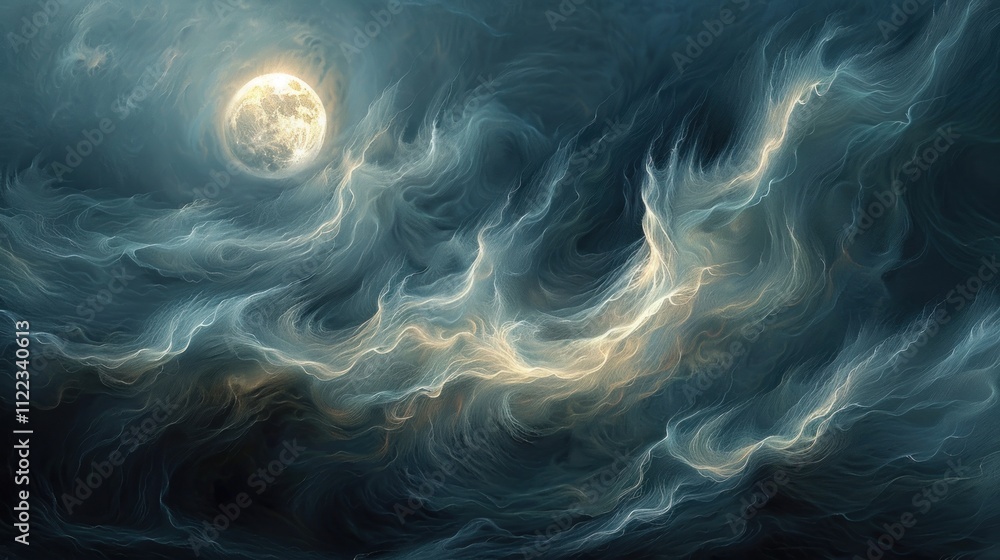 Obraz premium Dreamlike night sky with swirling clouds and a luminous moon.