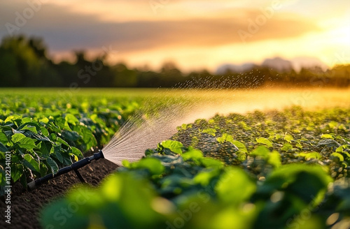 Soybean Farm Irrigation System at Sunset with Rows of Crops