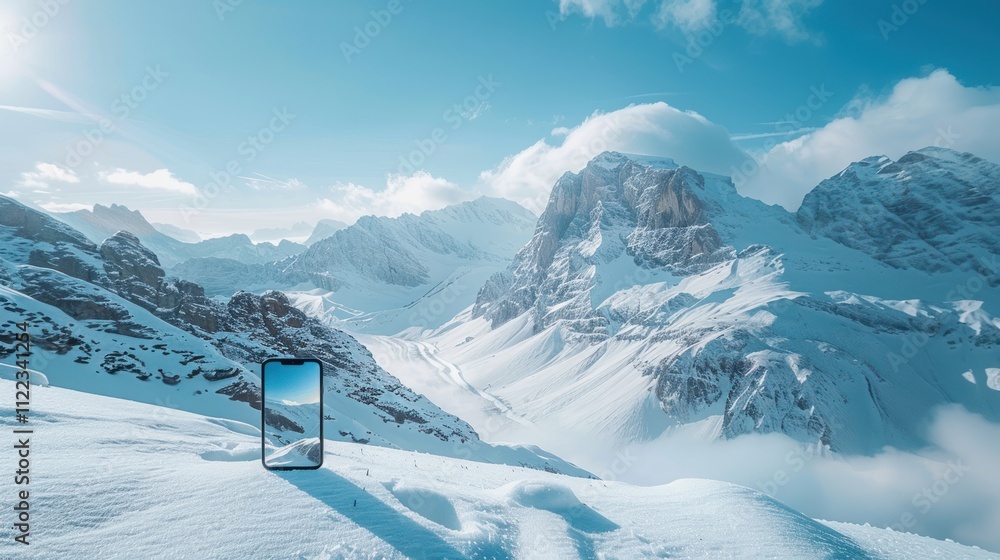 Fototapeta premium Smartphone displaying stunning snowy mountain panorama.