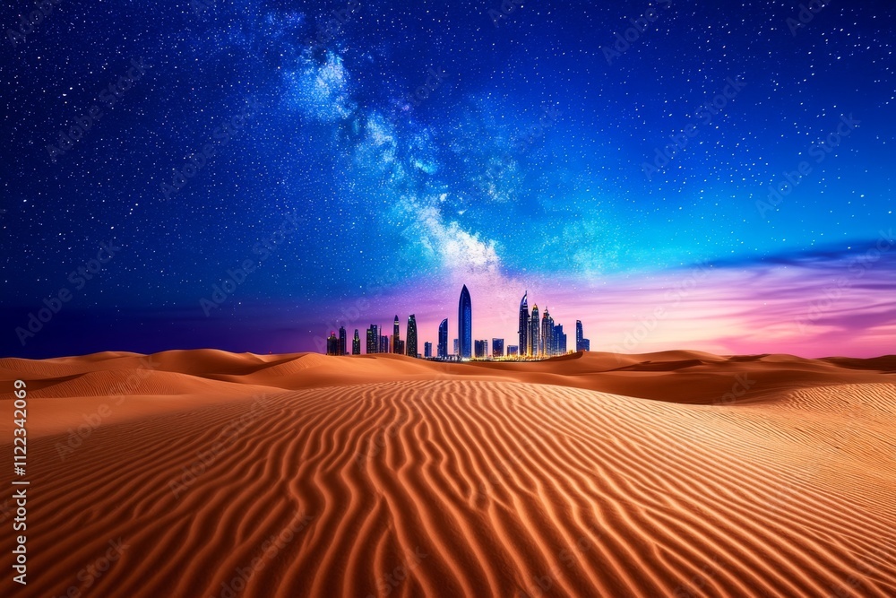 Fototapeta premium A magical depiction of Abu Dhabi with golden sand dunes transforming into glittering skyscrapers under a mystical starry sky
