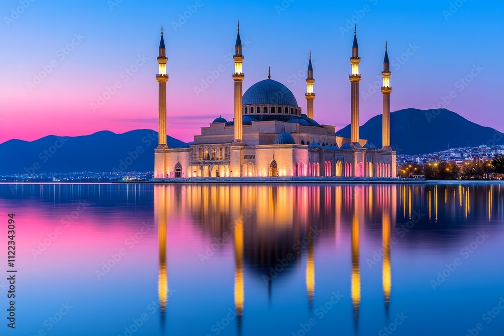 Obraz premium A peaceful view of the mosque reflection in the calm waters of its surrounding pools at sunrise