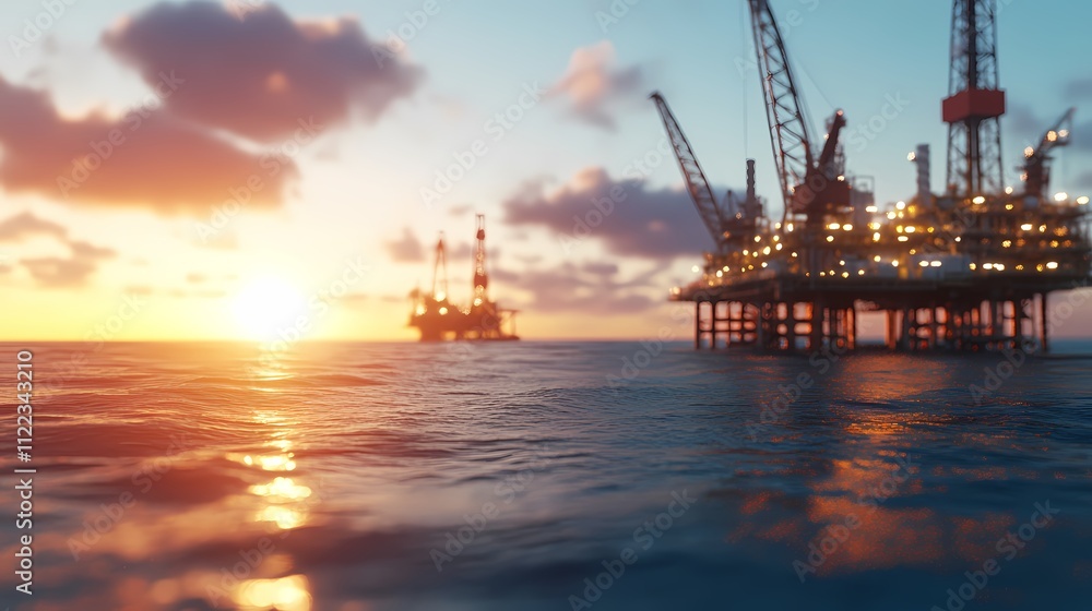Obraz premium Offshore oil rigs at sunset, reflecting in calm ocean waters.