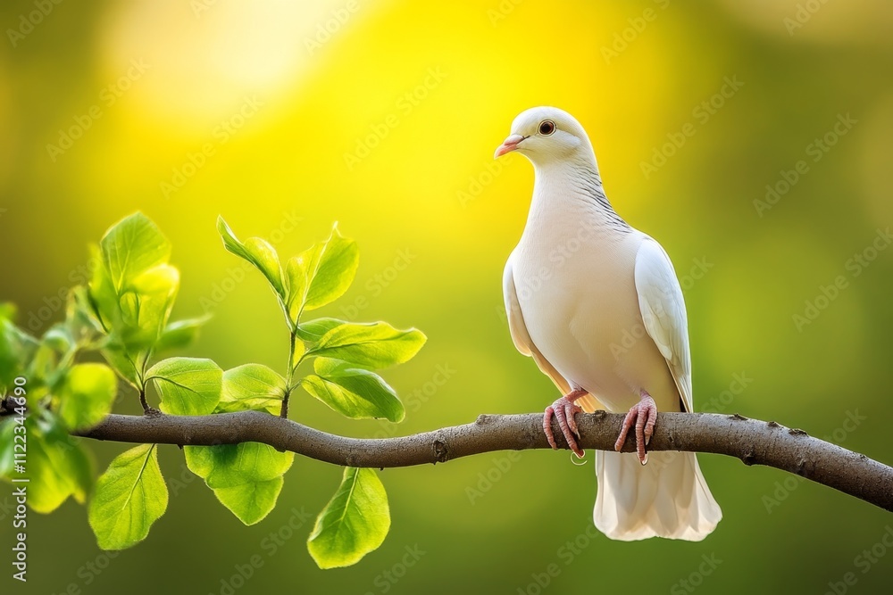 Obraz premium A serene image of a dove perched on a branch, surrounded by soft morning light and vibrant green foliage