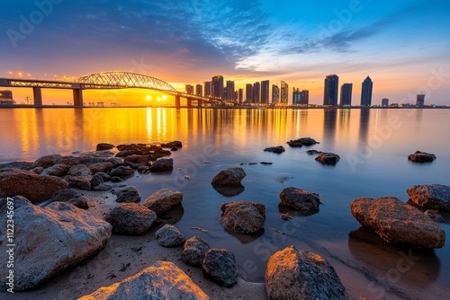 A spectacular shot of Abu Dhabi skyline framed by the iconic frame of the Sheikh Zayed Bridge photo