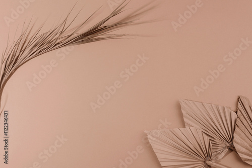 Fan leaves and dried palm leaf on brown background. Top view, flat lay, copy space. Color of the year 2025 - Mocha Mousse