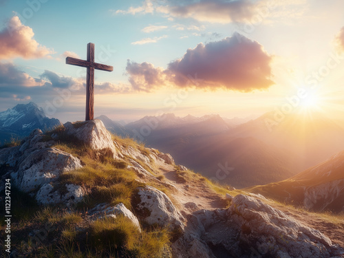 Silhouette of Cross on Mountain Peak at Sunset, ross on a Rocky Mountain with Glowing Sky, Majestic Cross on a Misty Mountain photo