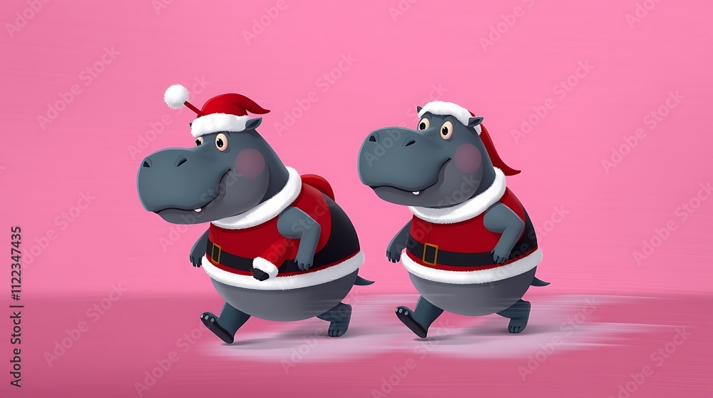 Naklejka premium hippopotamus in red Christmas pajamas, radiating festive cheer. Ideal for holiday-themed social media posts, children's decorations, greeting cards, web, banner, winter merchandise designs