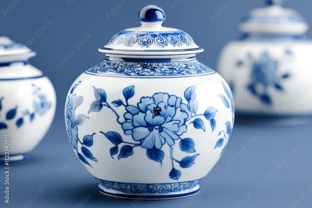 An elegant blue and white porcelain vase featuring delicate floral patterns, with the focus on its intricate details while the background of other porcelain pieces fades softly out of focus An elegant blue and white porcelain vase featuring delicate floral patterns, with the focus on its intricate details while the background of other porcelain pieces fades softly out of focus