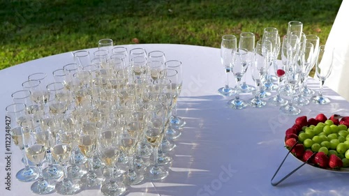 A lot of empty wine glasses. wineglass wedding. Empty glasses arranged on a table in the restaurant, cafe, or bar. Preparation for the birthday, wedding, or any celebration day.