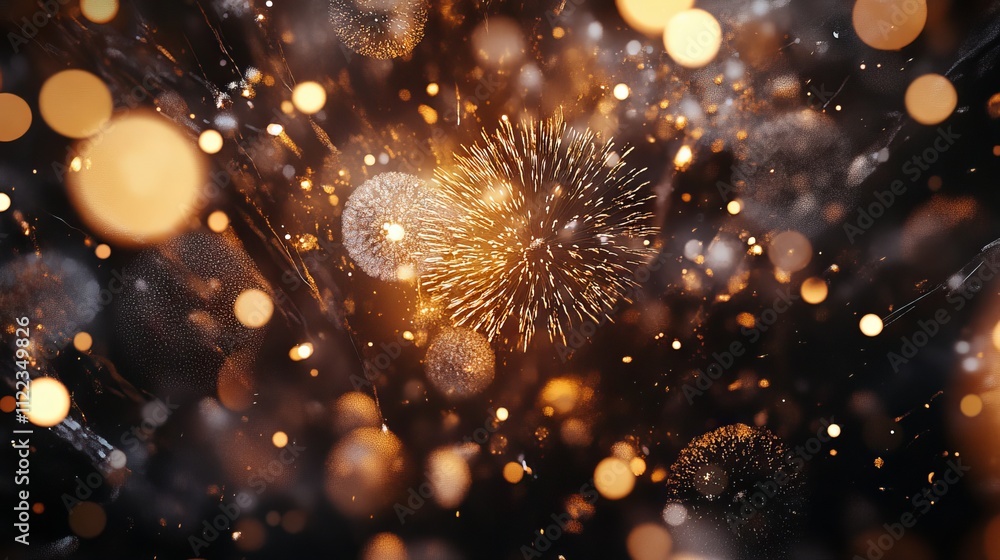Fototapeta premium 104.A dazzling night scene with golden and silver fireworks bursting against a dark sky, framed by soft, glowing bokeh lights in varying sizes. The composition creates a sense of grandeur and