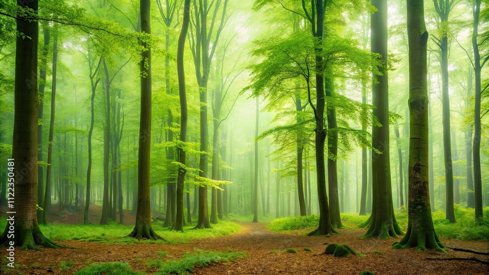 Obraz premium Green foggy morning forest with beech trees, green, foggy, morning, forest, landscape, beech trees, nature, misty, tranquil