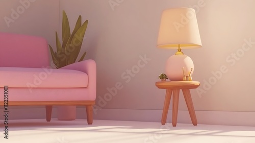 Pink sofa, table lamp, plant in a minimalist room.
