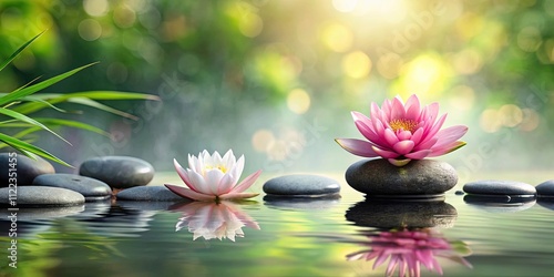 Tranquil zen background featuring pebbles and lotus flowers , relaxation, peaceful, meditation, serenity, calm
