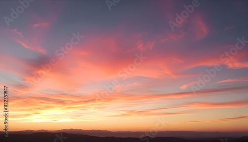 Breathtaking sunset view with vivid orange, pink, and purple clouds over mountain landscape.  photo