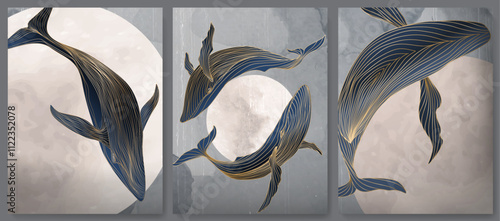 Art background with whales in the sky or in the water against the moon with golden line elements. Animalistic set in watercolor style for decor, print, textile, poster, wallpaper, packaging