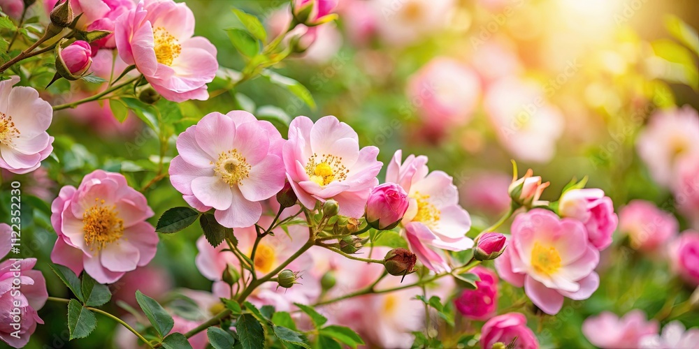 Obraz premium Background filled with blooming wild roses, wild rose, background, flowers, nature, floral, pink, petals, beauty, summer