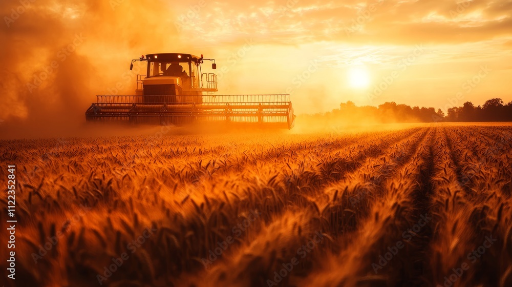 Fototapeta premium Wheat harvesting process during a golden sunset