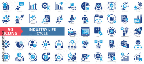 Industry life cycle icon collection set. Containing innovation, introduction, growth, maturity, decline, product, market, competition, technology icon. Simple flat vector illustration.