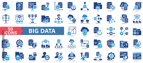 Big data icon collection set. Containing database, information, analytics, insight, volume, velocity, variety, value, processing, storage icon. Simple flat vector illustration.