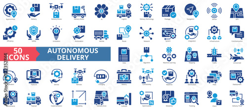 Autonomous delivery icon collection set. Containing drone, robot, ai, logistic, technology, package, navigation icon. Simple flat vector illustration.