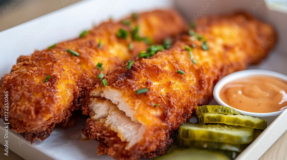 Crispy fried fish fillets served with dipping sauce and pickles. Crispy fried fish fillets served with dipping sauce and pickles.