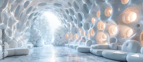 Architectural 3D rendering of a modern minimalist and futuristic ice crystal tunnel like corridor or passage in an abstract exhibition hall or museum interior design photo