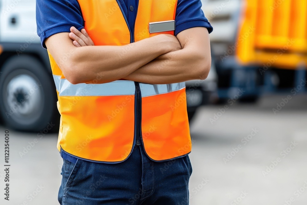 Close-up of a worker wearing a reflective orange safety vest with arms crossed, symbolizing authority and workplace readiness. Close-up of a worker wearing a reflective orange safety vest with arms crossed, symbolizing authority and workplace readiness.
