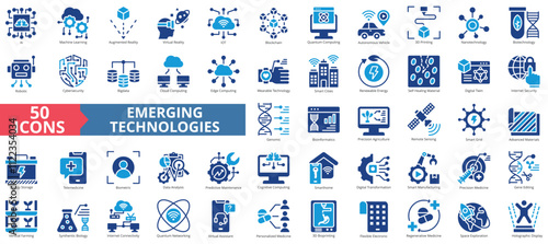 Emerging technologies icon collection set. Containing ai, machine learning, augmented, virtual reality, iot, blockchain, quantum computing, artificial technology icon. Simple flat vector illustration.
