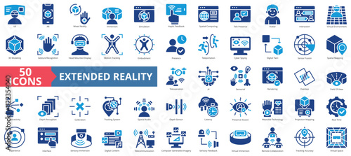 Extended reality icon collection set. Containing vr, ar, mixed reality, immersion, simulation, haptic feedback, spatial computing icon. Simple line vector illustration.