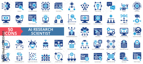 AI research scientist icon collection set. Containing artificial intelligence, machine learning, data analysis, algorithm, neural network, deep, nlp icon. Simple flat vector illustration.