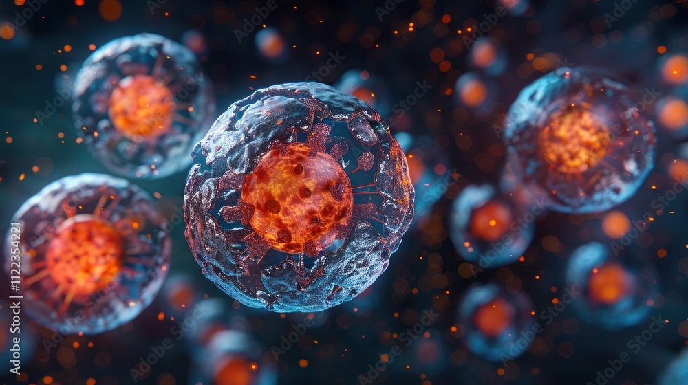 Naklejka premium Microscopic view of abstract futuristic virus or coronavirus cells in a digital scientific laboratory research setting for healthcare medical or pandemic outbreak concept