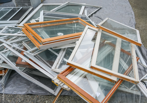 Картината върху платно old replaced windows discard in pile